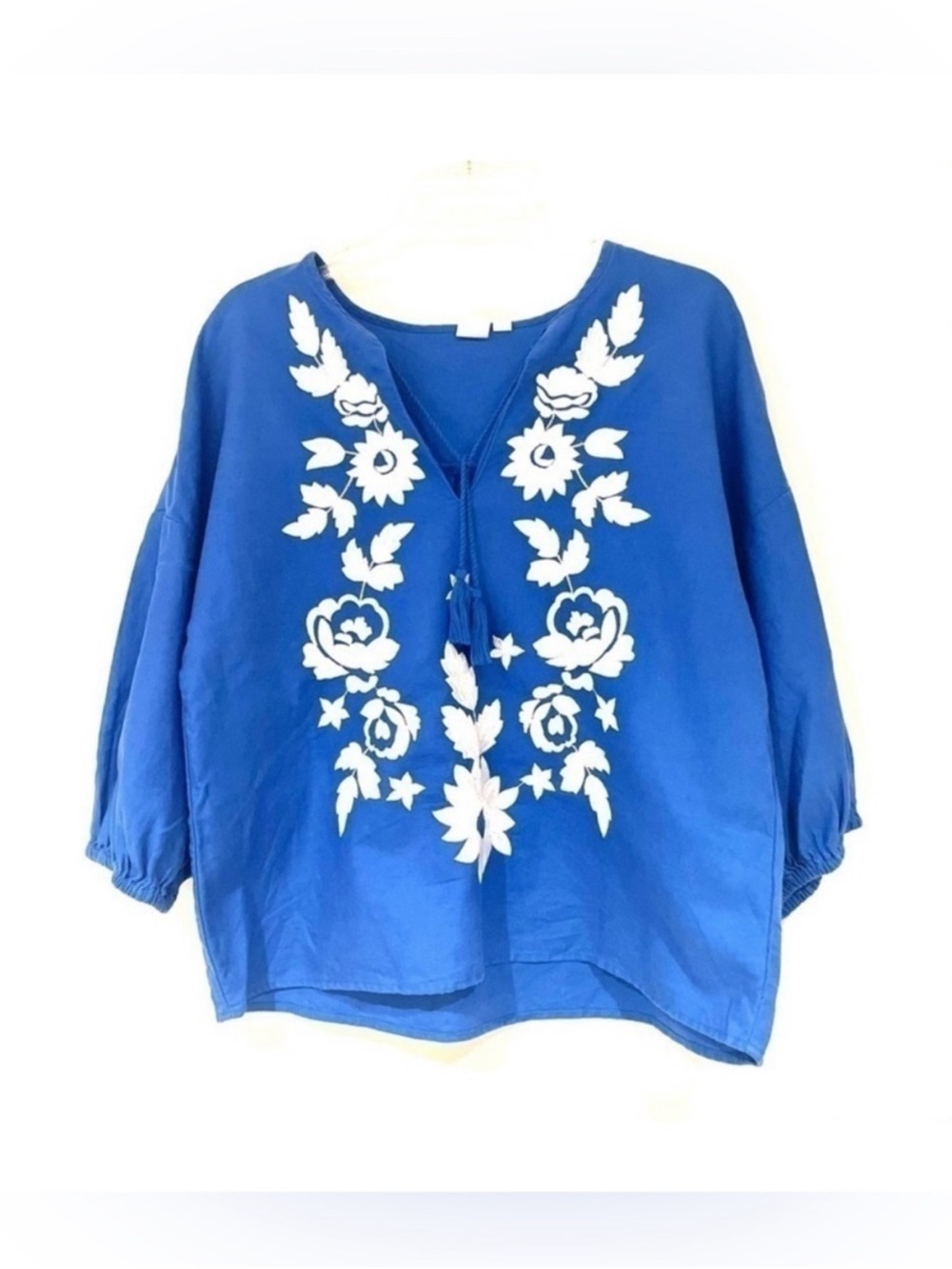 GAP Linen Bland Boho Floral Embroidered Peasant Top With Floral Accents